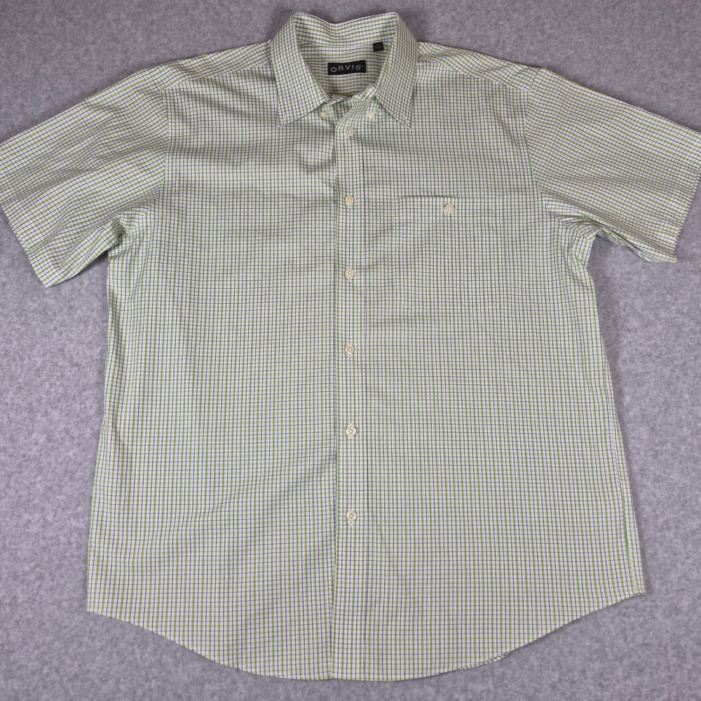 Orvis Button Down Shirt Men's XL Green Plaid Check Short Sleeve 100% Cotton